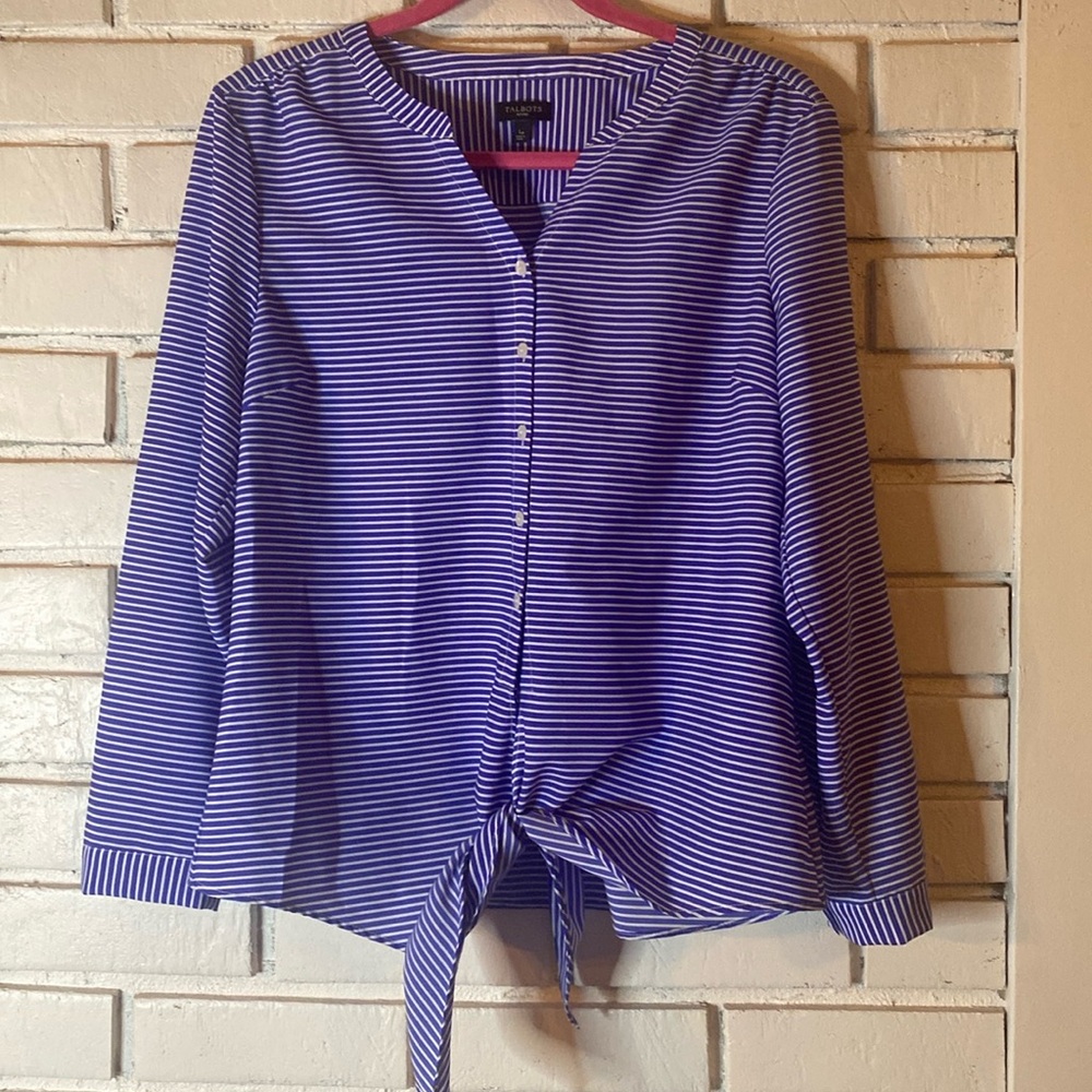 Talbots Striped Button Front Split Neck Blouse Ti… - image 1